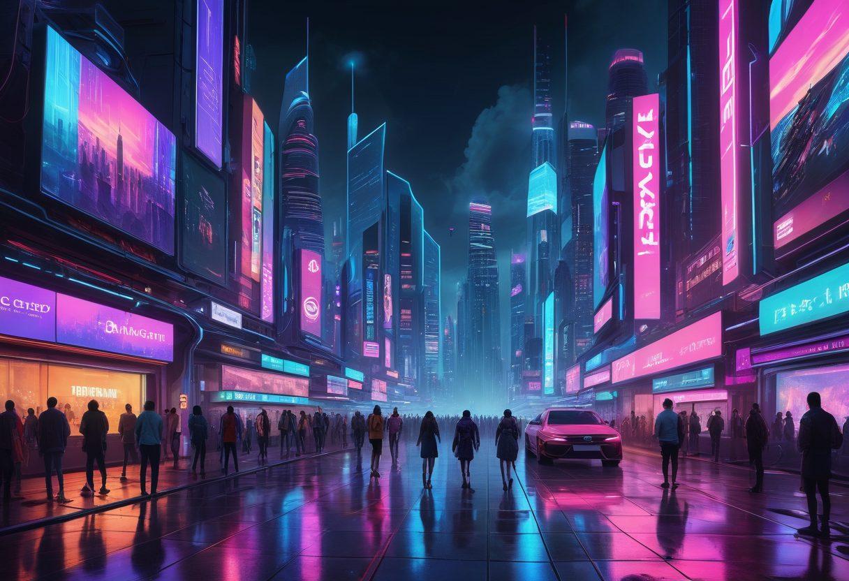 A futuristic city skyline at dusk featuring diverse groups of people engaged with their mobile devices, sharing videos in vibrant holographic displays. The foreground includes a sleek mobile streaming interface showcased on a large screen, with elements representing adult video sharing trends. A blend of technology and social interaction is highlighted with neon colors and dynamic movement. cyberpunk. vibrant colors. 3D.