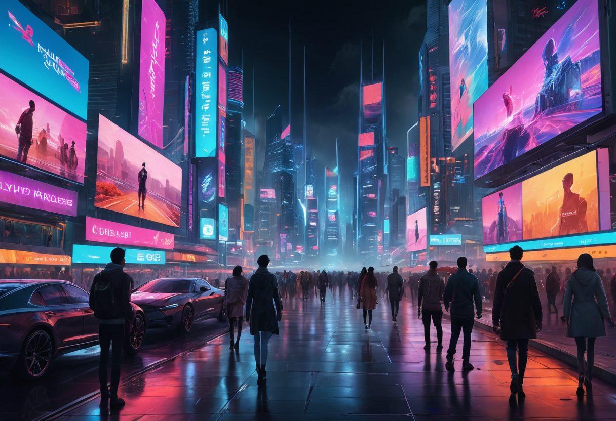 A futuristic city skyline with neon lights and digital billboards promoting mobile streaming content. In the foreground, a diverse group of people engaging with their devices, showcasing various forms of adult entertainment. Holographic displays and 3D visualizations of streaming video content float above them. The atmosphere is vibrant, modern, and tech-savvy. cyberpunk. vibrant colors. super-realistic.