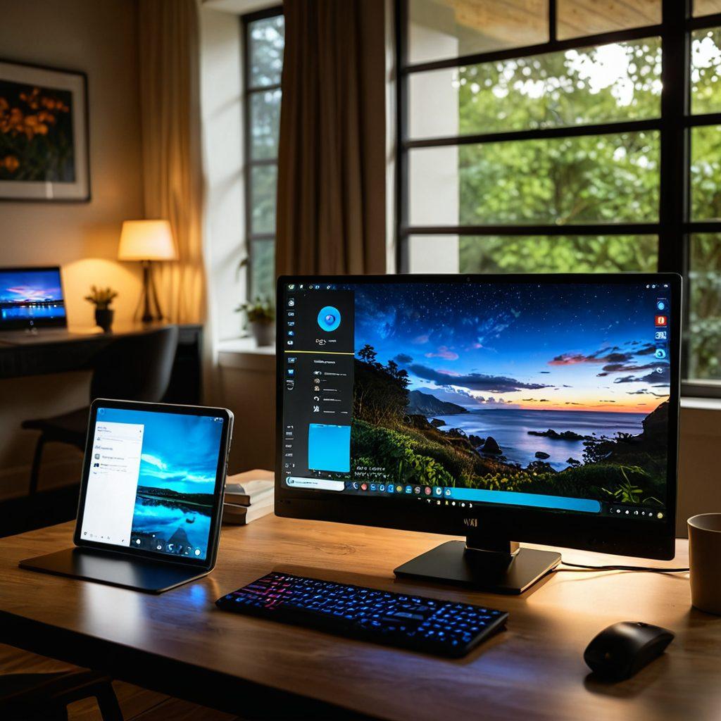 A split-screen design showing a desktop computer on one side displaying traditional adult content, and on the other side, a smartphone with vibrant streaming adult visuals. The background should transition from a dimly lit room symbolizing privacy to a bright outdoor setting portraying on-the-go freedom, with symbols of connectivity like Wi-Fi signals. Add a slight glow around the smartphone to emphasize innovation and modernity. super-realistic. vibrant colors. dynamic contrast.